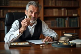 Expert en bijouterie ancienne examinant un poinçon sur un bijou en or avec une loupe de joaillier