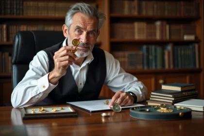 Expert en bijouterie ancienne examinant un poinçon sur un bijou en or avec une loupe de joaillier