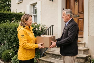Factrice La Poste en uniforme jaune livrant un colis à un habitant devant sa porte d'entrée