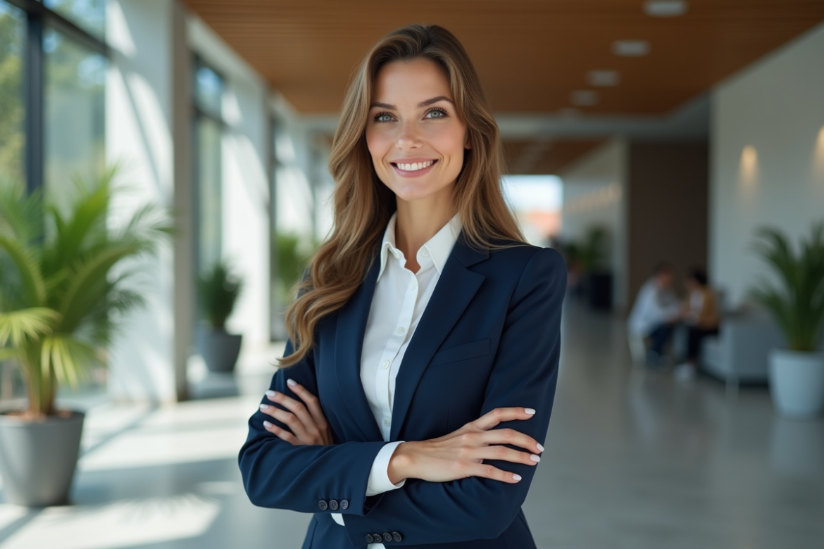 Femme d'affaires confiante en tailleur navy dans un lobby moderne