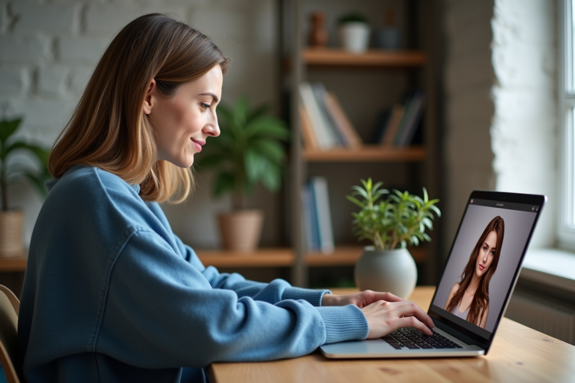 Femme utilisant une application de coloration capillaire à domicile
