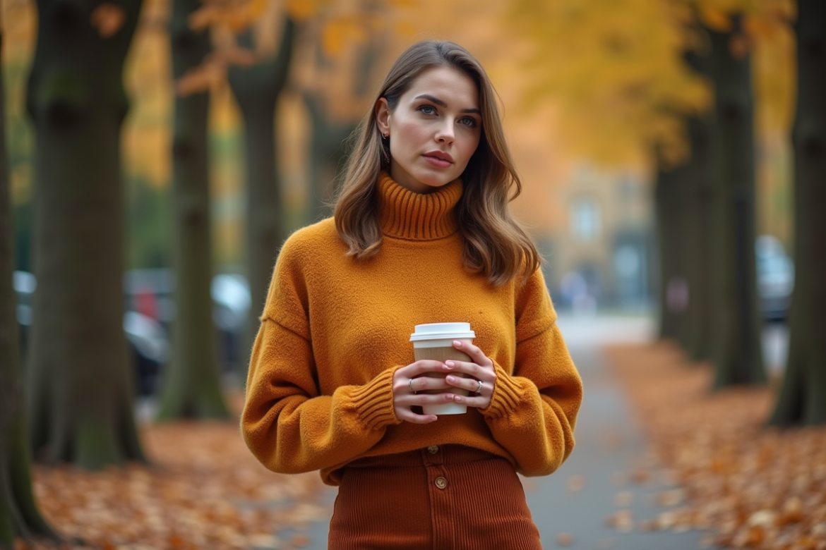 Femme en pull ocre et jupe en velours dans un parc automnal