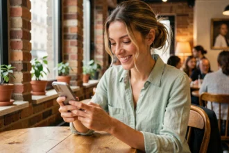 Femme satisfaite consultant les avis positifs sur Leonie & Co depuis son smartphone dans un café parisien