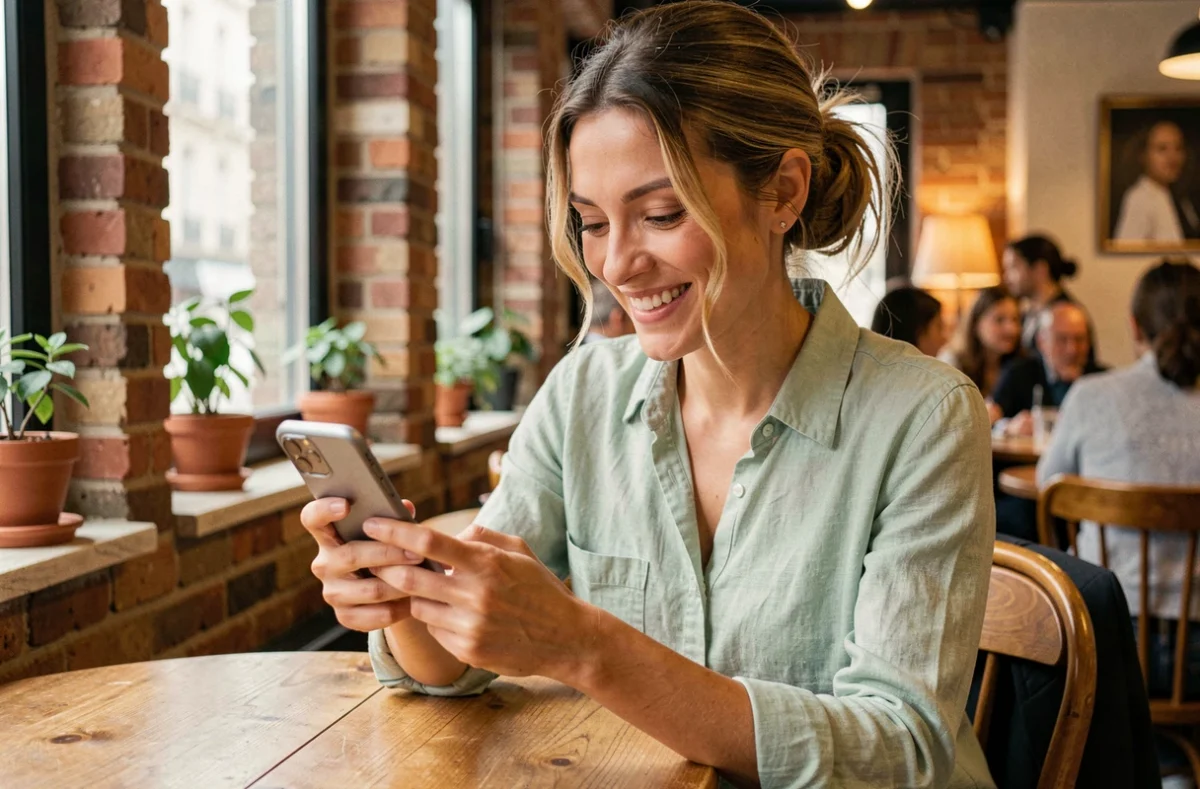 Femme satisfaite consultant les avis positifs sur Leonie & Co depuis son smartphone dans un café parisien