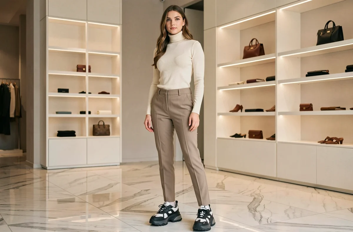 Jeune femme élégante portant des sneakers Balenciaga chunky contrastant avec une tenue minimaliste raffinée dans une boutique de luxe au sol en marbre