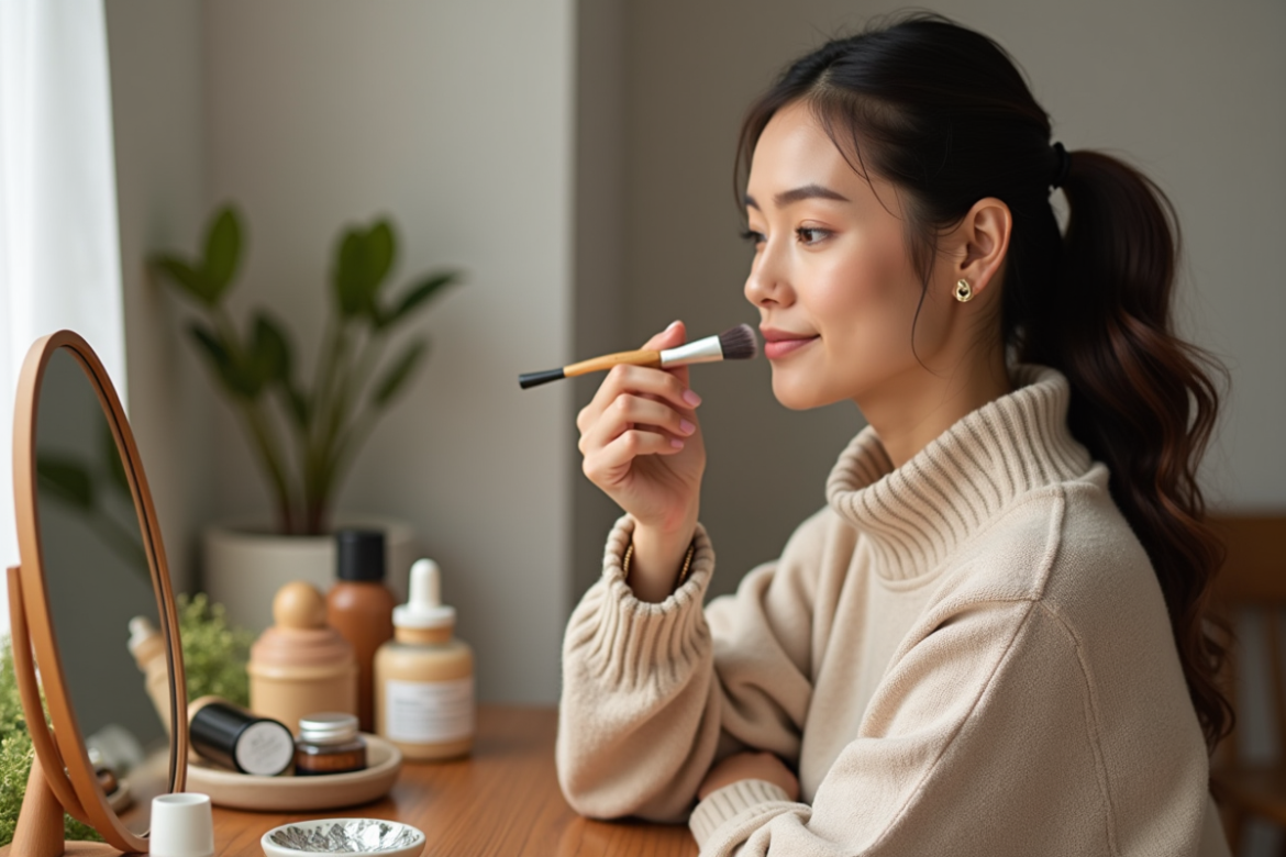 Femme appliquant un fond de teint naturel dans un intérieur élégant