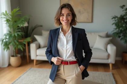 Femme en blazer bleu ajusté et ceinture rouge dans un salon lumineux