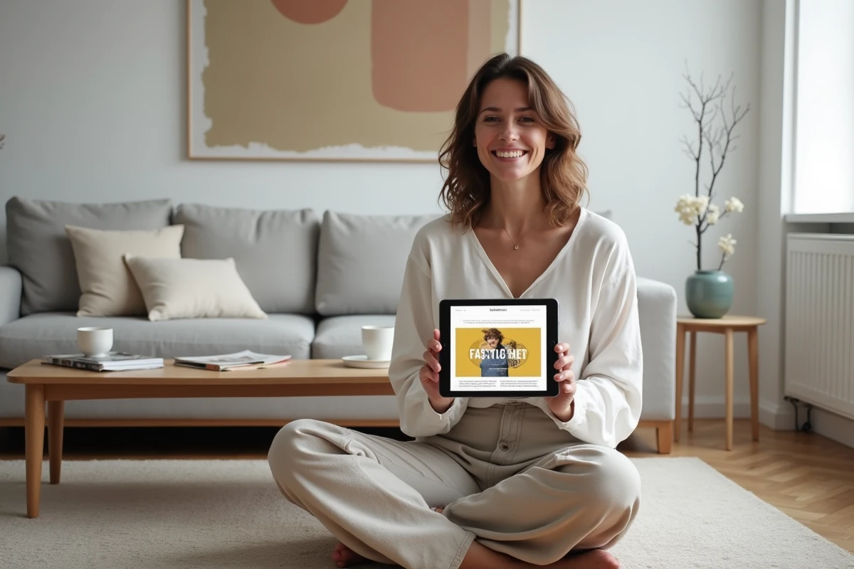 Femme souriante consultant son blog sur une tablette dans un salon minimaliste scandinave