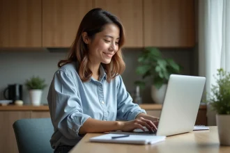 Femme assise à la cuisine utilisant un ordinateur portable