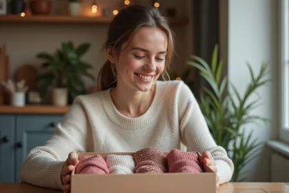 Jeune femme souriante découvrant des chaussettes brillantes