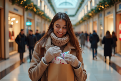 Jeune femme souriante avec sacs cadeaux dans un centre commercial festif