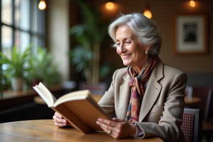 Femme élégante lisant un magazine dans un café cosy