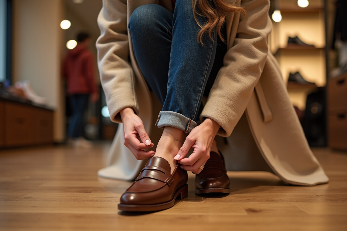 Femme essayant des mocassins italiens dans une boutique chic