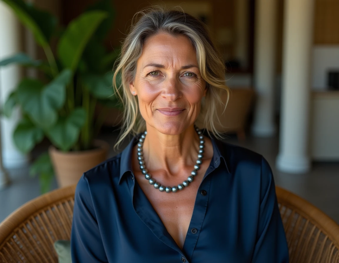 Femme portant un collier de perles de Tahiti grises et paon sur chemisier bleu marine, portrait trois quarts