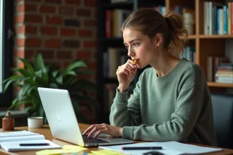 Jeune femme créative travaillant sur son blog à un bureau en bois avec des notes et un ordinateur portable