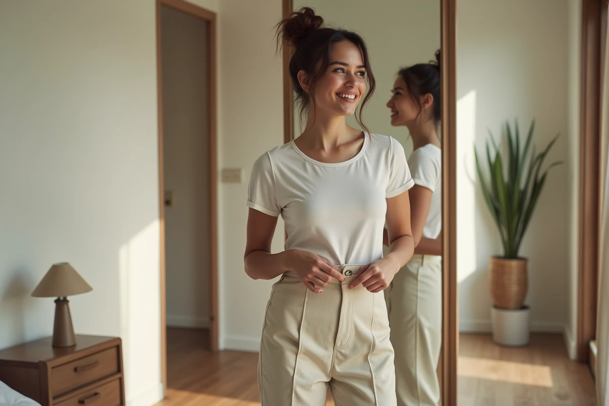 Femme en culottes hautes et t-shirt dans une chambre lumineuse