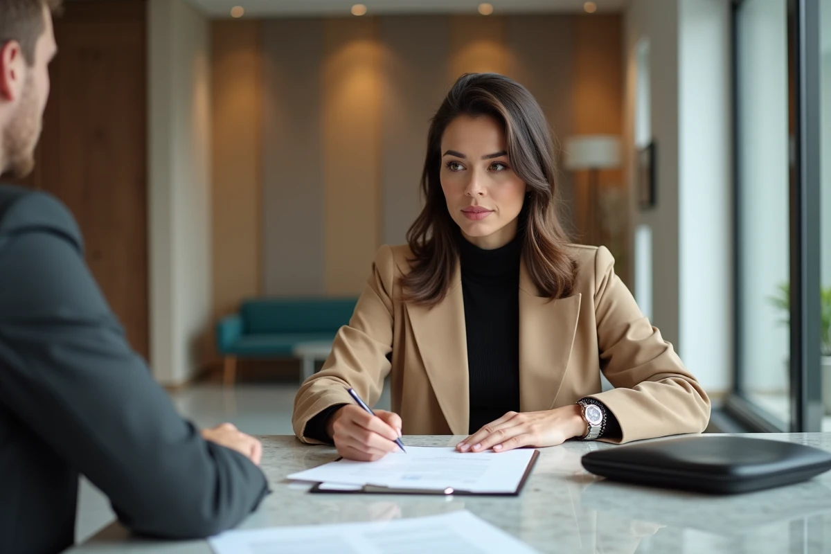 Femme discutant avec un agent d