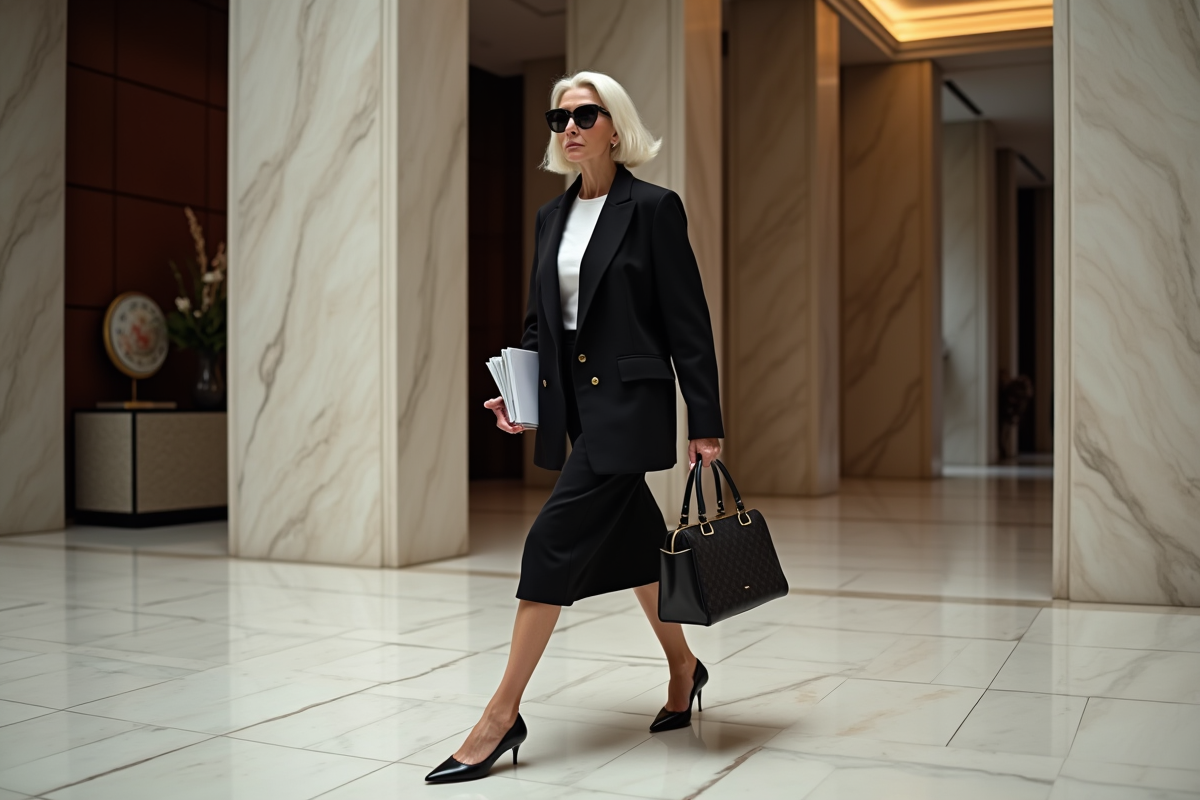 Femme en robe noire marchant dans un lobby sophistiqué