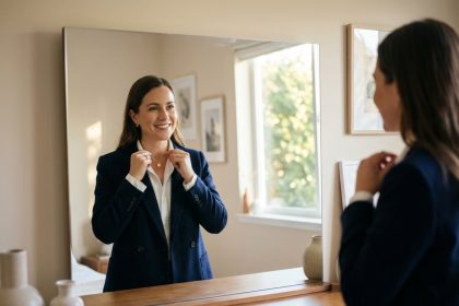 Femme élégante en blouse blanche et blazer bleu