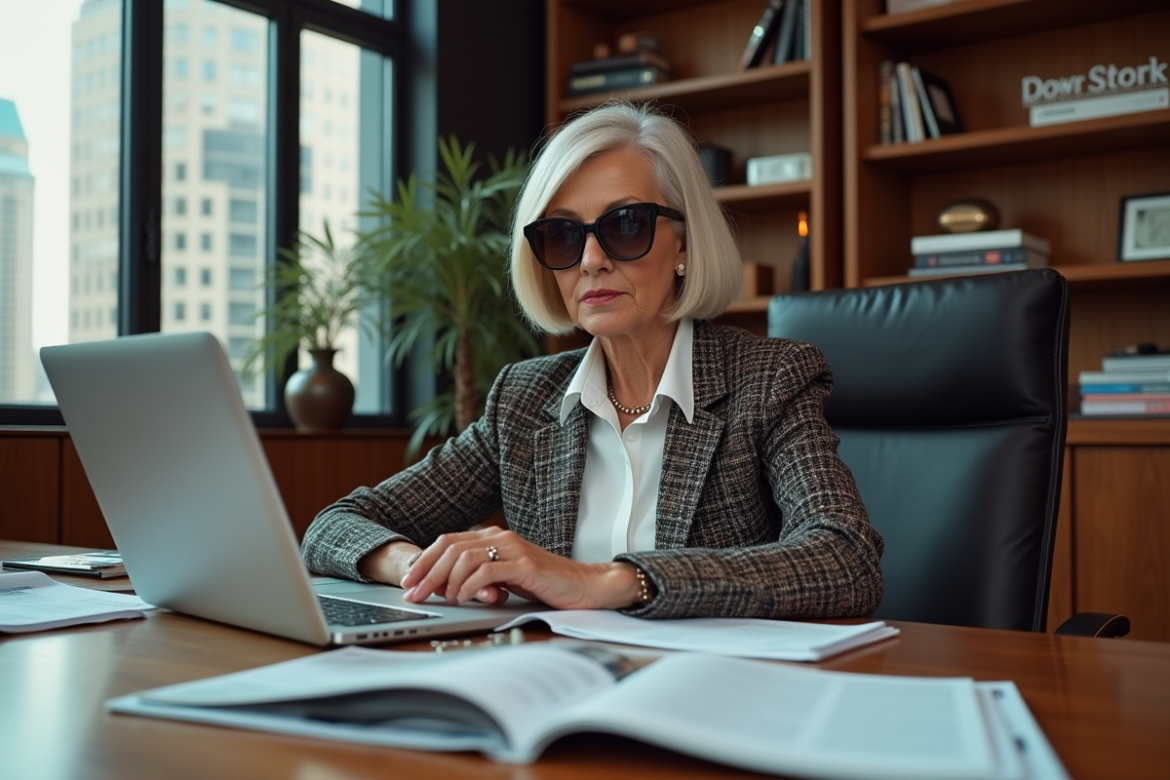 Femme élégante en bureau moderne avec magazines et livres