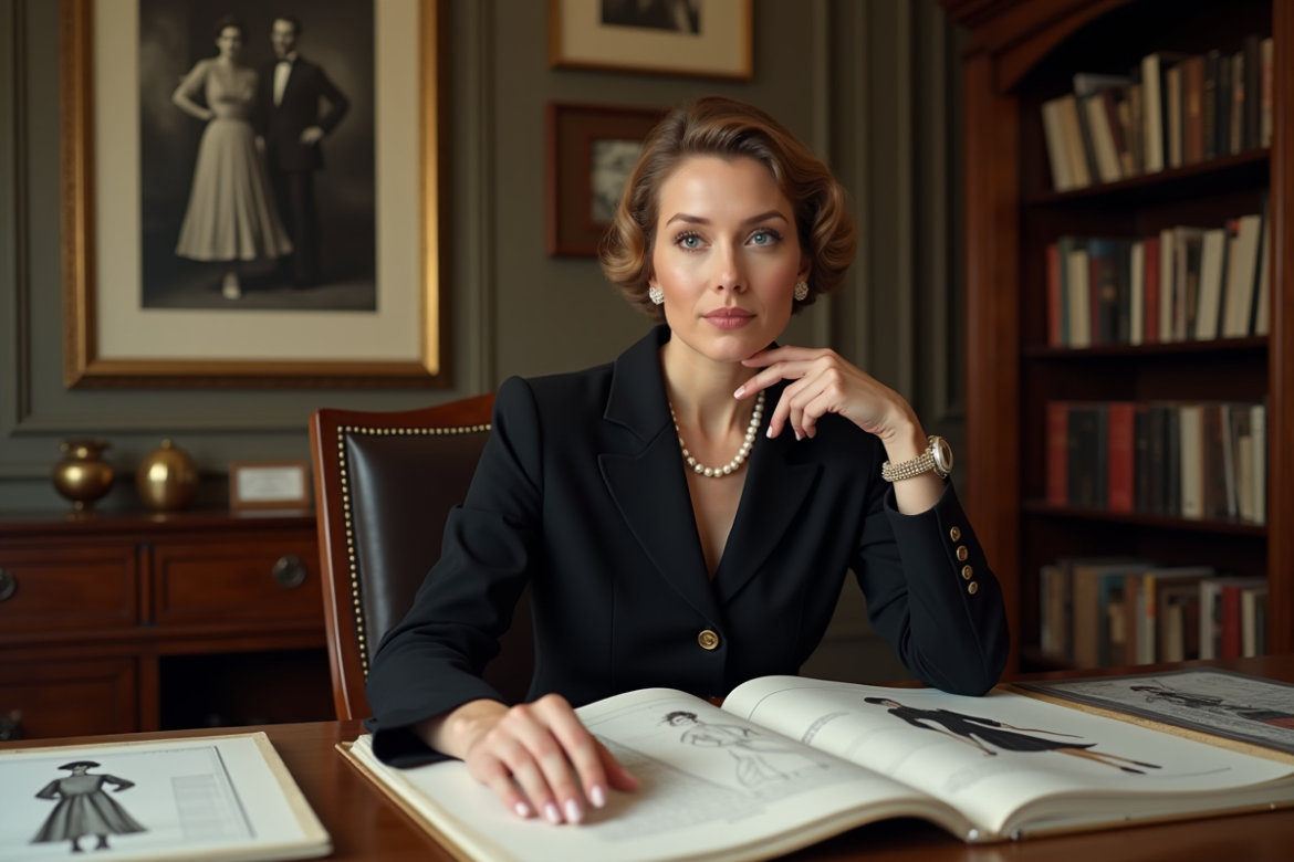Femme élégante en tailleur années 1920 dans un bureau parisien