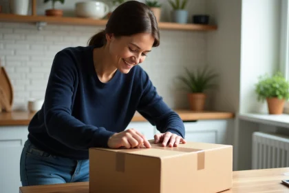 Femme emballant un colis dans une cuisine lumineuse