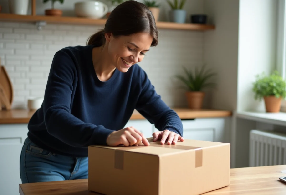 Femme emballant un colis dans une cuisine lumineuse