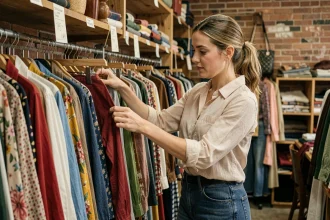 Femme parcourant les vêtements dans une friperie vintage, illustrant l'achat de vêtements de seconde main en magasin physique
