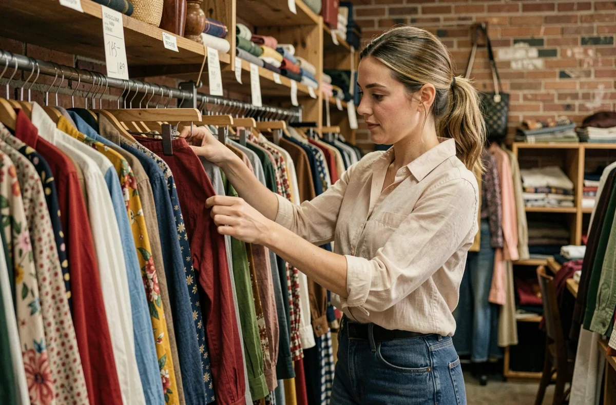 Femme parcourant les vêtements dans une friperie vintage, illustrant l'achat de vêtements de seconde main en magasin physique