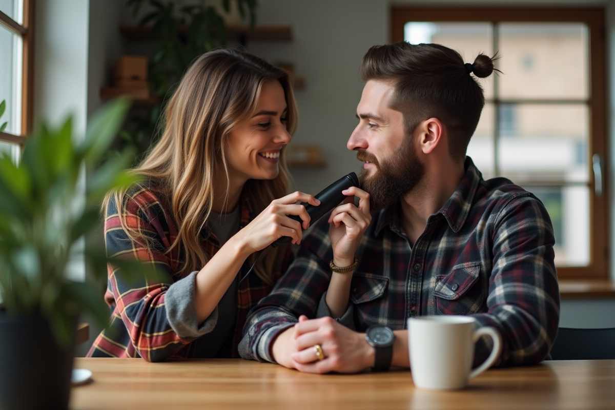 Femme aidant à tailler la barbe dans la cuisine