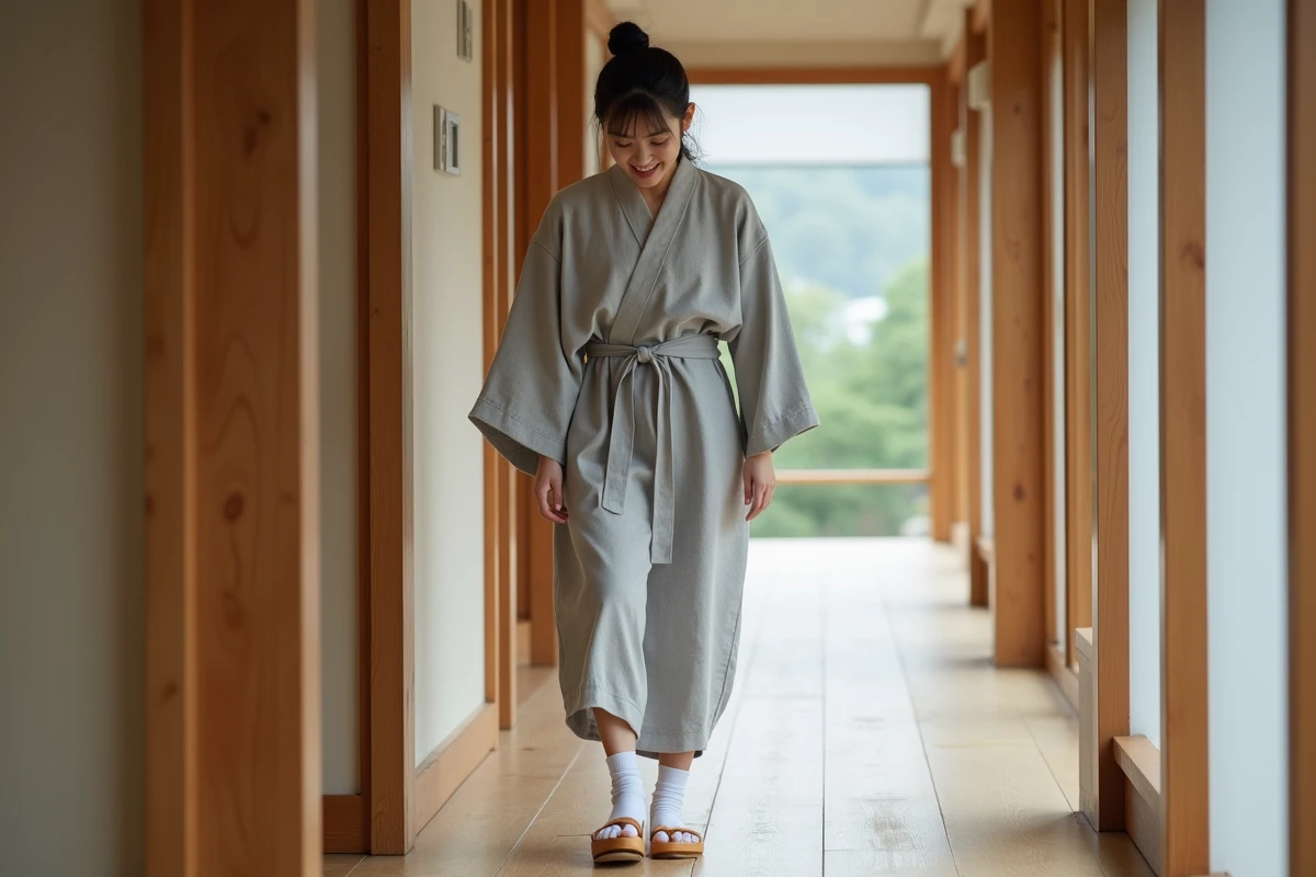 Jeune femme japonaise en yukata gris enfilant des sandales geta traditionnelles sur le seuil d'une maison contemporaine de Tokyo, portant des chaussettes tabi blanches