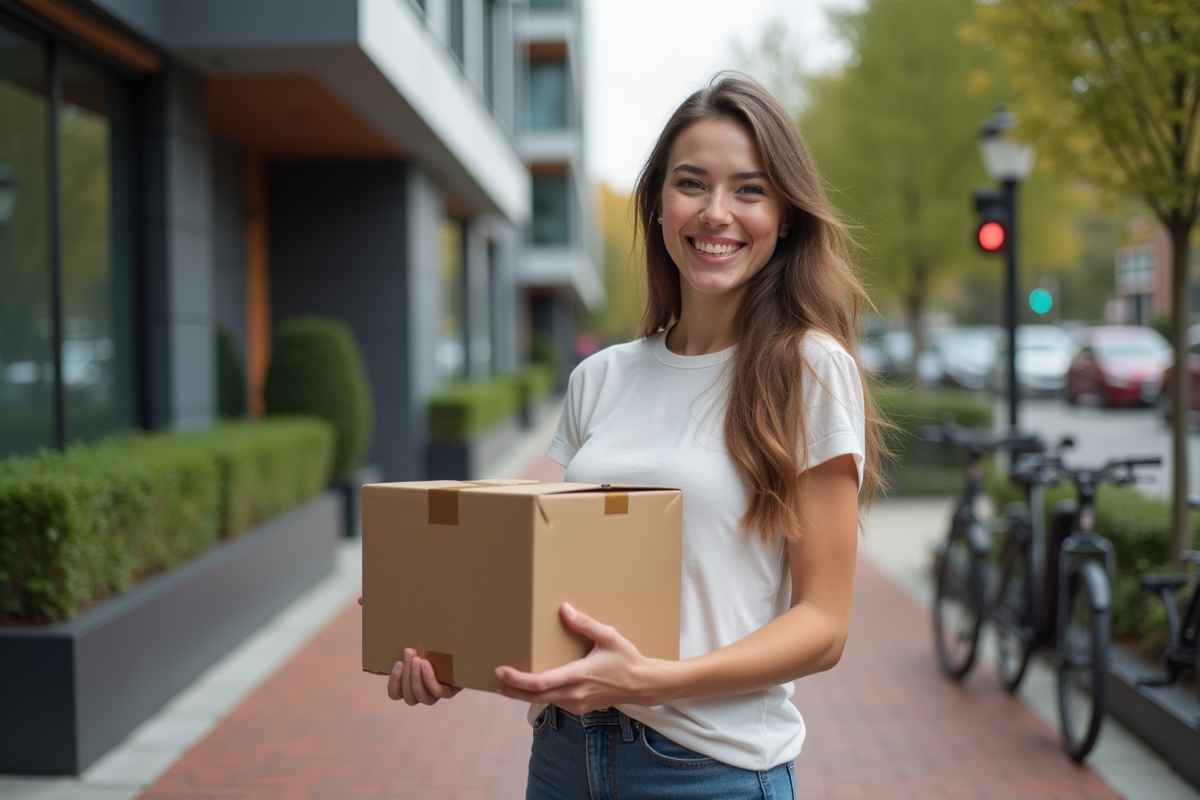 Femme souriante tenant un colis devant un immeuble urbain