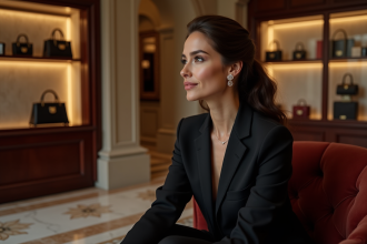 Femme élégante dans une boutique de luxe avec sacs à main