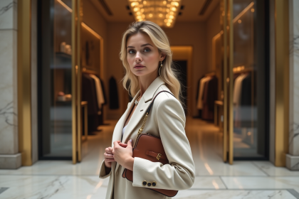 Femme élégante devant une boutique de luxe en ville