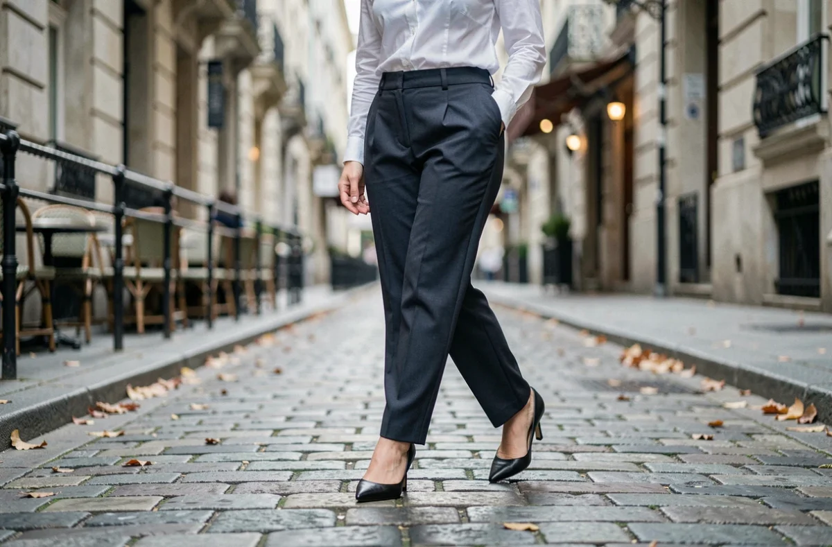 Femme marchant avec des talons kitten heel sur un trottoir en pierre en ville