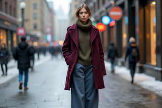 Femme élégante en manteau violet et écharpe dans la ville