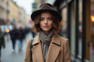 Femme élégante en manteau beige et chapeau dans la ville