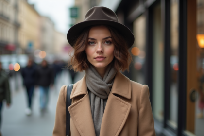 Femme élégante en manteau beige et chapeau dans la ville