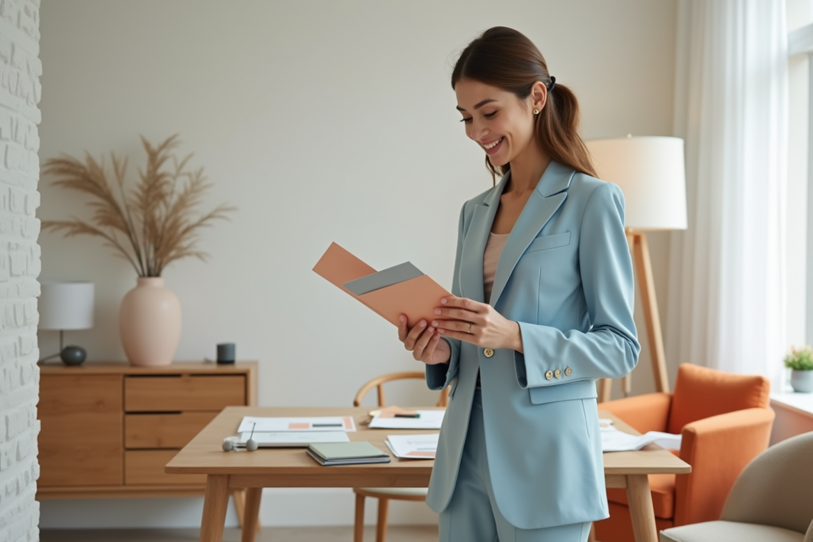 Femme élégante en blazer pastel dans un bureau moderne