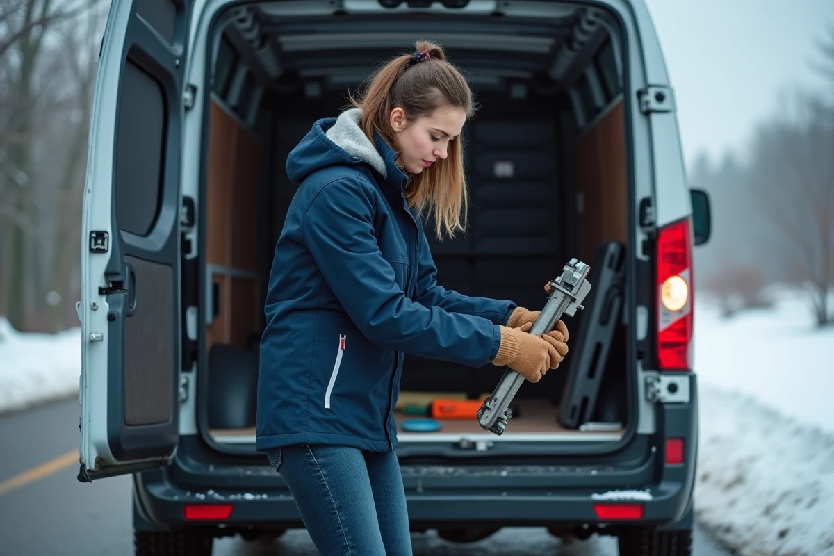 Jeune femme en softshell dans une voiture en hiver