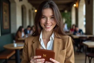 Jeune femme tenant un porte-monnaie personnalisé en cuir avec initiales dorées dans un café parisien contemporain