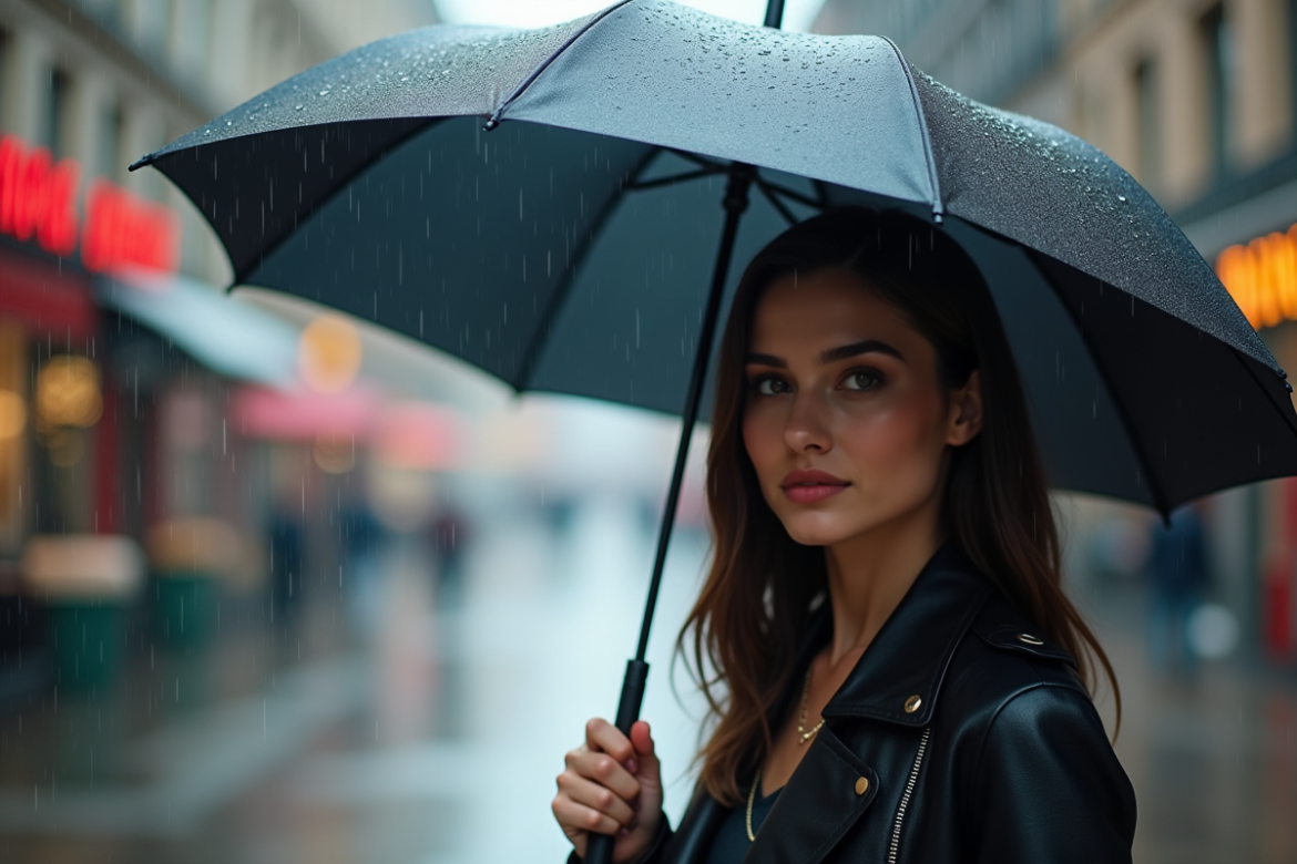 Femme élégante avec parapluie dans la ville sous la pluie