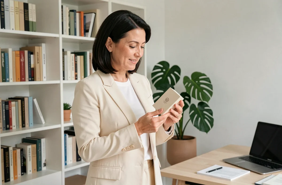 Femme tenant un produit Leonie & Co dans un bureau minimaliste à domicile, exprimant une opinion positive