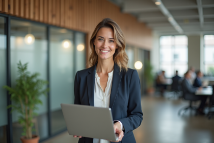 Femme d'affaires souriante dans un bureau moderne