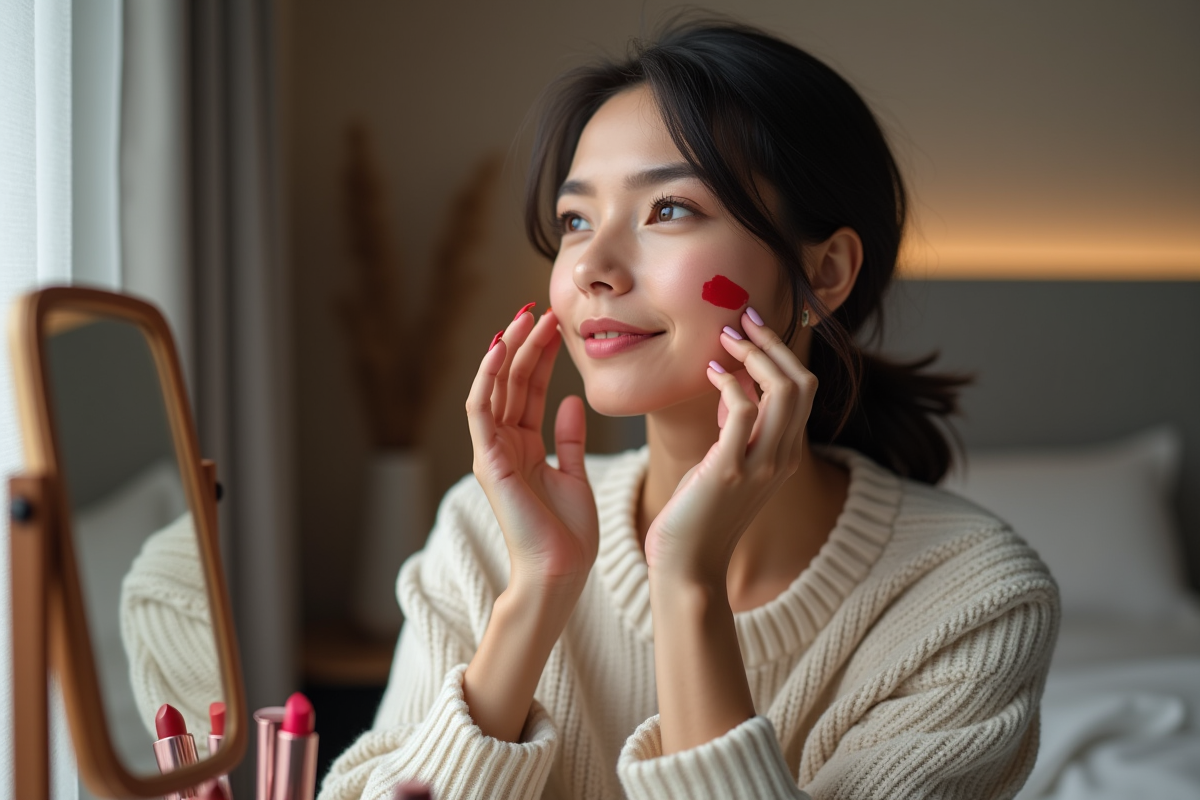 Femme avec swatches de rouge à lèvres devant miroir