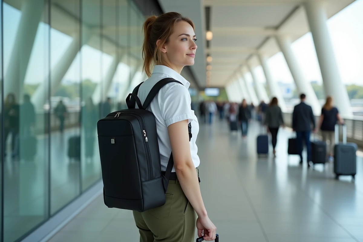 Femme voyageuse à l'aéroport avec un sac à dos sécurisé équipé d'un cadenas TSA, choisissant un bagage anti-vol pour ses déplacements