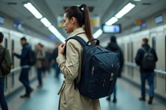 Femme portant un sac à dos anti-vol sécurisé dans une station de métro bondée, ajustant sa bretelle avant de prendre le transport en commun