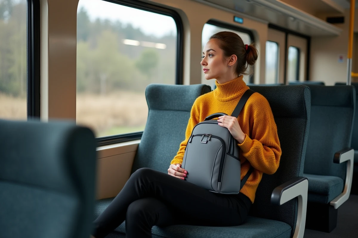 Femme assise dans un train tenant son sac à dos sécurisé sur ses genoux, illustrant les bonnes pratiques de sécurité en voyage