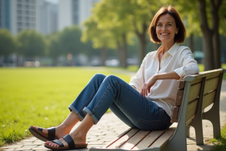 Femme assise dans un parc urbain avec sandales ergonomiques