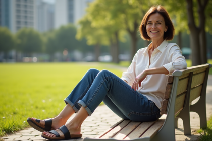 Femme assise dans un parc urbain avec sandales ergonomiques